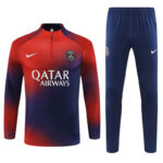 PSG football training kit: red-to-navy gradient long-sleeve jersey with Qatar Airways sponsor and crest, paired with navy pants with PSG crest and Nike logo.
