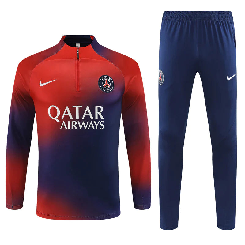 17d602bb_1024x1024_2x_265a0426-ac95-4d0f-ace7-b0c6e7f82728 | UAE SPORT STORE PSG football training kit: red-to-navy gradient long-sleeve jersey with Qatar Airways sponsor and crest, paired with navy pants with PSG crest and Nike logo.