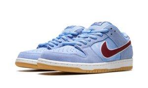 Close-up of light blue suede sneakers with blue laces, white midsole, and red swoosh seen from the side/toe area.