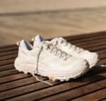 Hoka One One Mafate Speed 2 running shoes in white and lunar rock color.