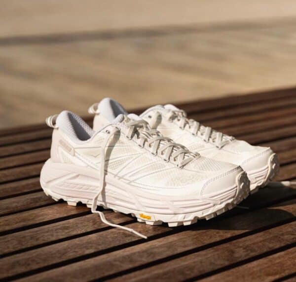 Hoka One One Mafate Speed 2 running shoes in white and lunar rock color.