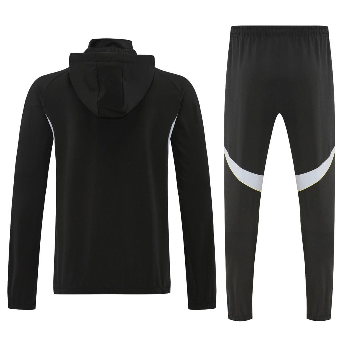 Back view of a black hoodie and matching black jogger pants with reflective accents on the legs, set against a white background.