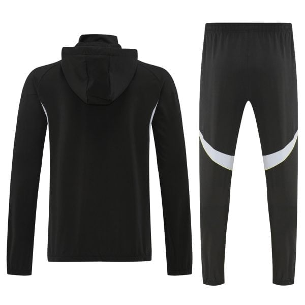 Back view of a black hoodie and matching black jogger pants with reflective accents on the legs, set against a white background.