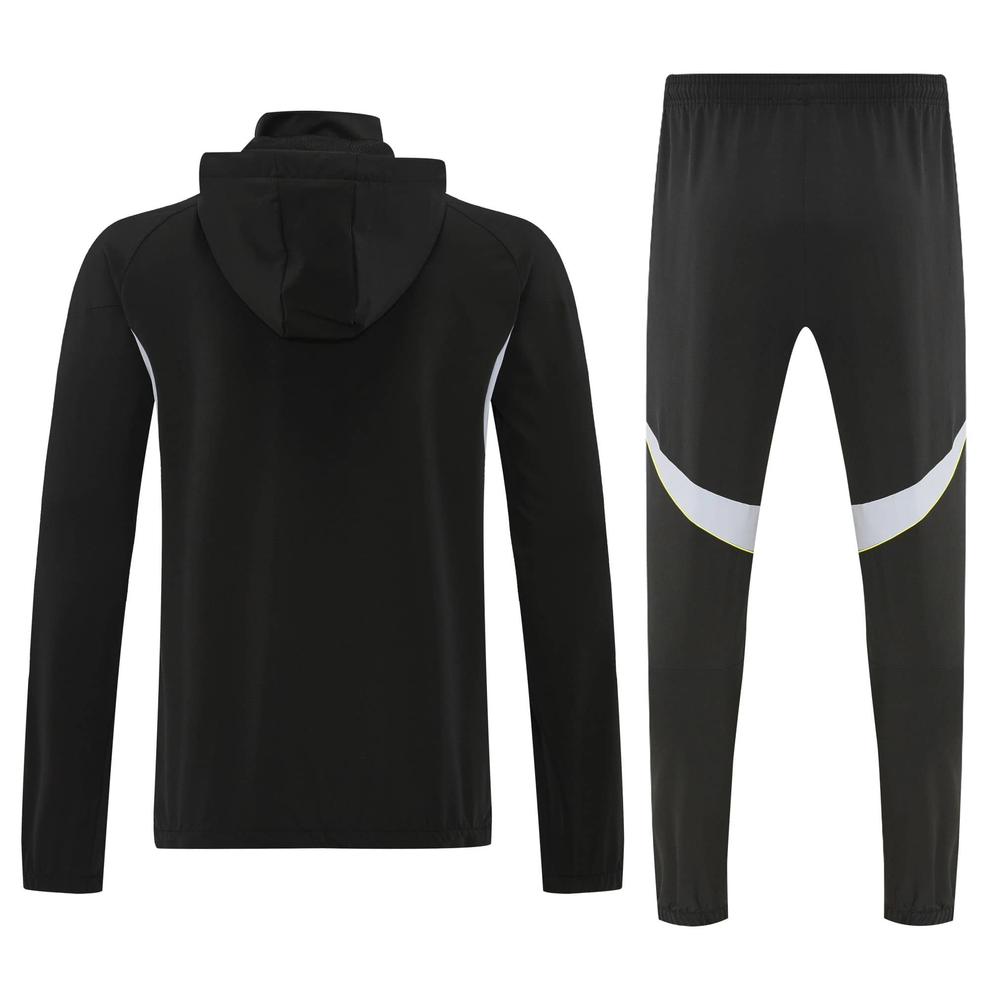 188e9345 | UAE SPORT STORE Back view of a black hoodie and matching black jogger pants with reflective accents on the legs, set against a white background.