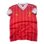Red Liverpool FC football jersey with white vertical pinstripes and yellow crest (European Cup Final 1984) on the chest by Umbro