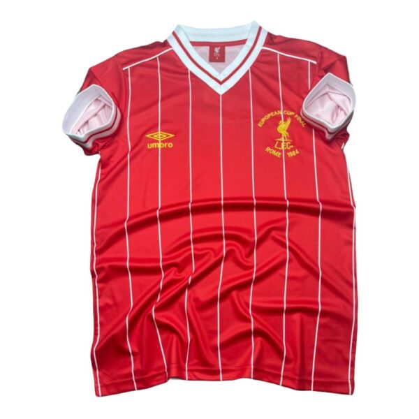 Red Liverpool FC football jersey with white vertical pinstripes and yellow crest (European Cup Final 1984) on the chest by Umbro