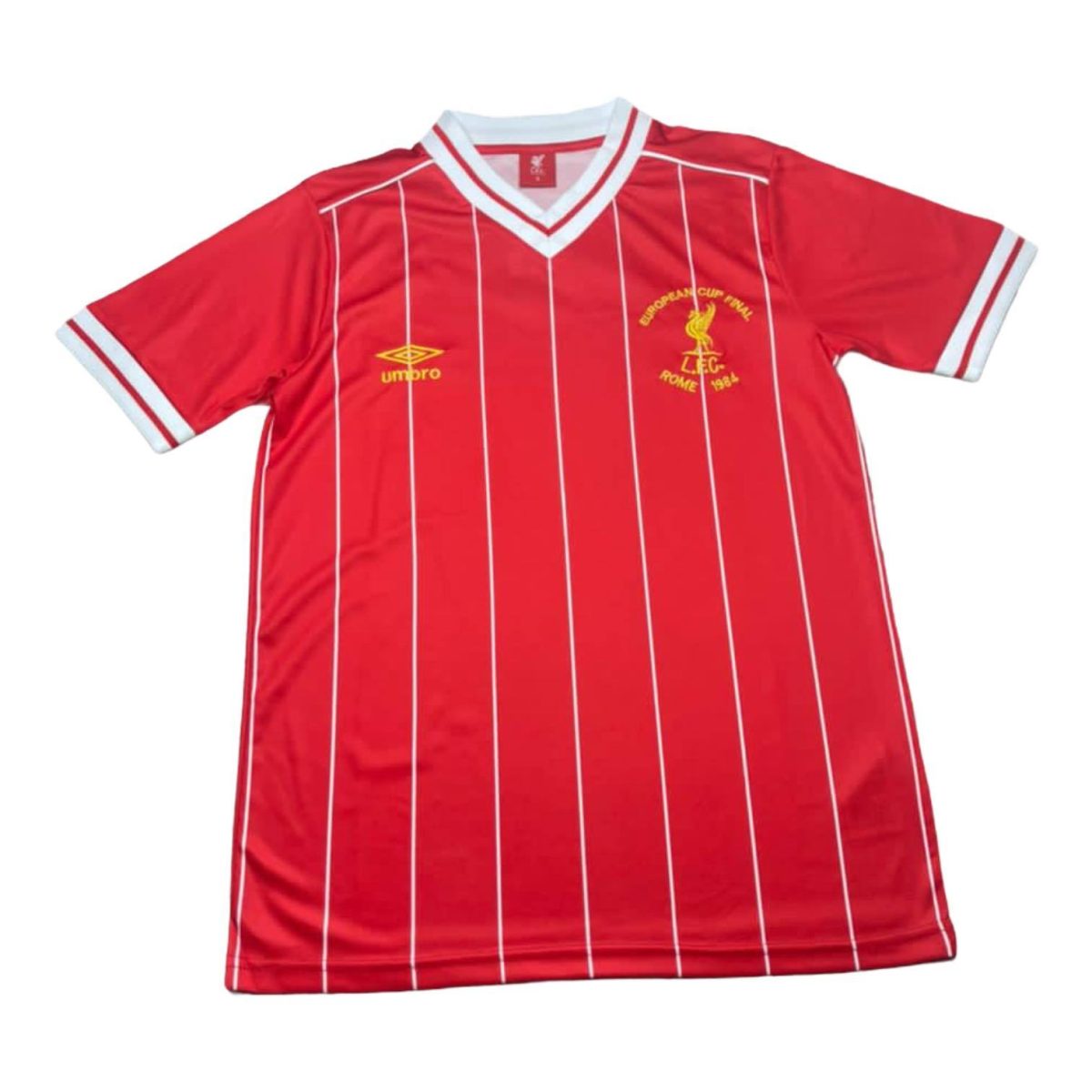 Red Liverpool FC soccer jersey with white vertical stripes and white-trimmed cuffs and neckline, featuring the yellow crest on the left chest and Umbro logo on the right.