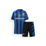 Inter Milan soccer jersey and shorts set with blue and black vertical stripes, featuring Nike logo, club crest, Italian flag badge, and 'betsson sport' sponsor.