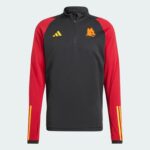 Long-sleeve black and red athletic zip-up with yellow logos on chest and red sleeves; left chest shows Adidas-style logo, right chest features an orange wolf head.