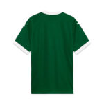 Back view of a green short-sleeve sports jersey with white collar and white sleeve cuffs, small white logo on each sleeve.