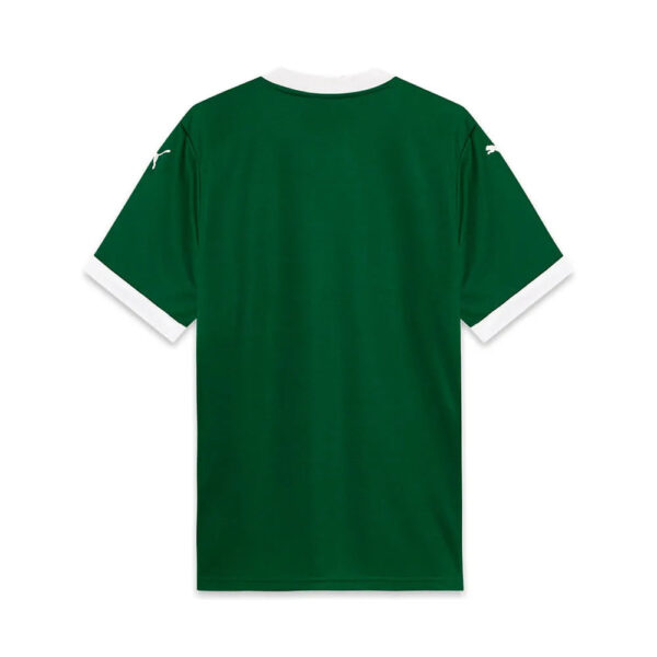 Back view of a green short-sleeve sports jersey with white collar and white sleeve cuffs, small white logo on each sleeve.