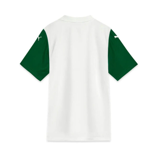 White short-sleeve tee with green sleeves (green raglan sleeves) and small white logos on each sleeve, back view.