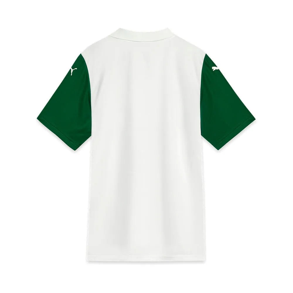 192343-1200-auto | UAE SPORT STORE White short-sleeve tee with green sleeves (green raglan sleeves) and small white logos on each sleeve, back view.