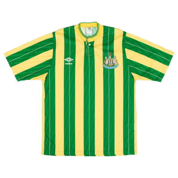 Green and yellow vertically striped soccer jersey with Umbro logo and Newcastle United crest on the chest