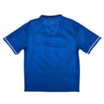 Back view of a blue polo shirt with a white collar and white sleeve trim.