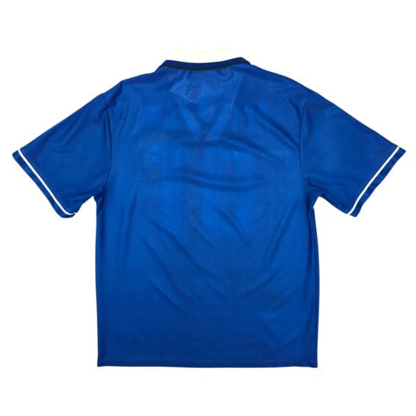 Back view of a blue polo shirt with a white collar and white sleeve trim.