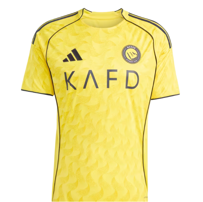 Yellow Adidas football jersey with black piping and KAFD sponsor logo across the chest, featuring a club crest on the left.