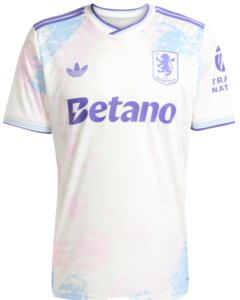 White Aston Villa football jersey with purple trim and light pink/blue splash pattern; Betano sponsor logo across the chest, Adidas logo on the left, and the club crest on the right.