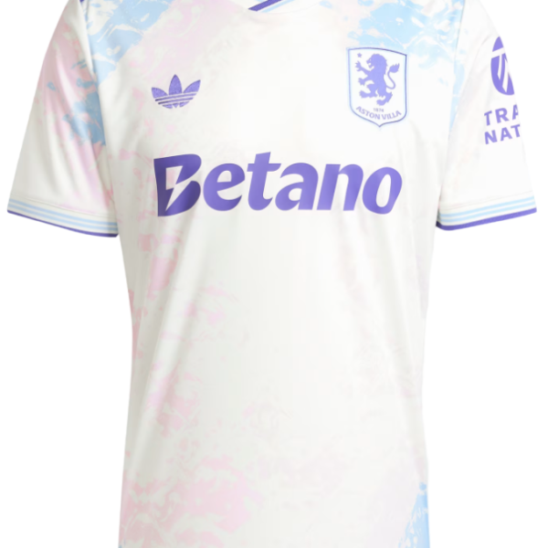 White Aston Villa football jersey with purple trim and light pink/blue splash pattern; Betano sponsor logo across the chest, Adidas logo on the left, and the club crest on the right.