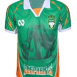 Ivory Coast football jersey on a mannequin: green shirt with white collar, orange side panels, and chest crest featuring stars and an elephant emblem.
