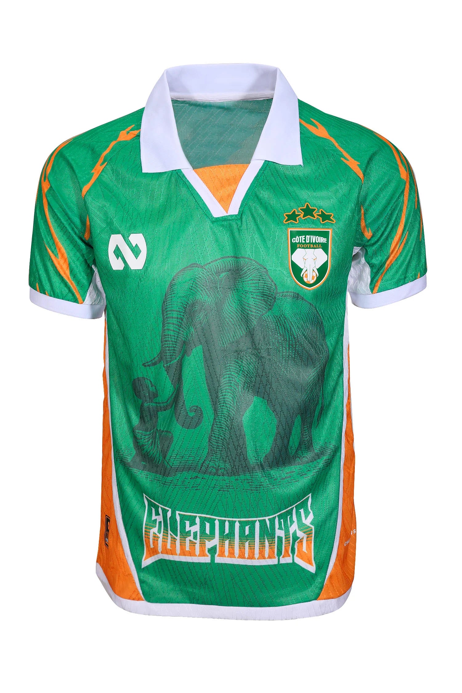 1D8A5323-2 Ivory Coast football jersey on a mannequin: green shirt with white collar, orange side panels, and chest crest featuring stars and an elephant emblem.