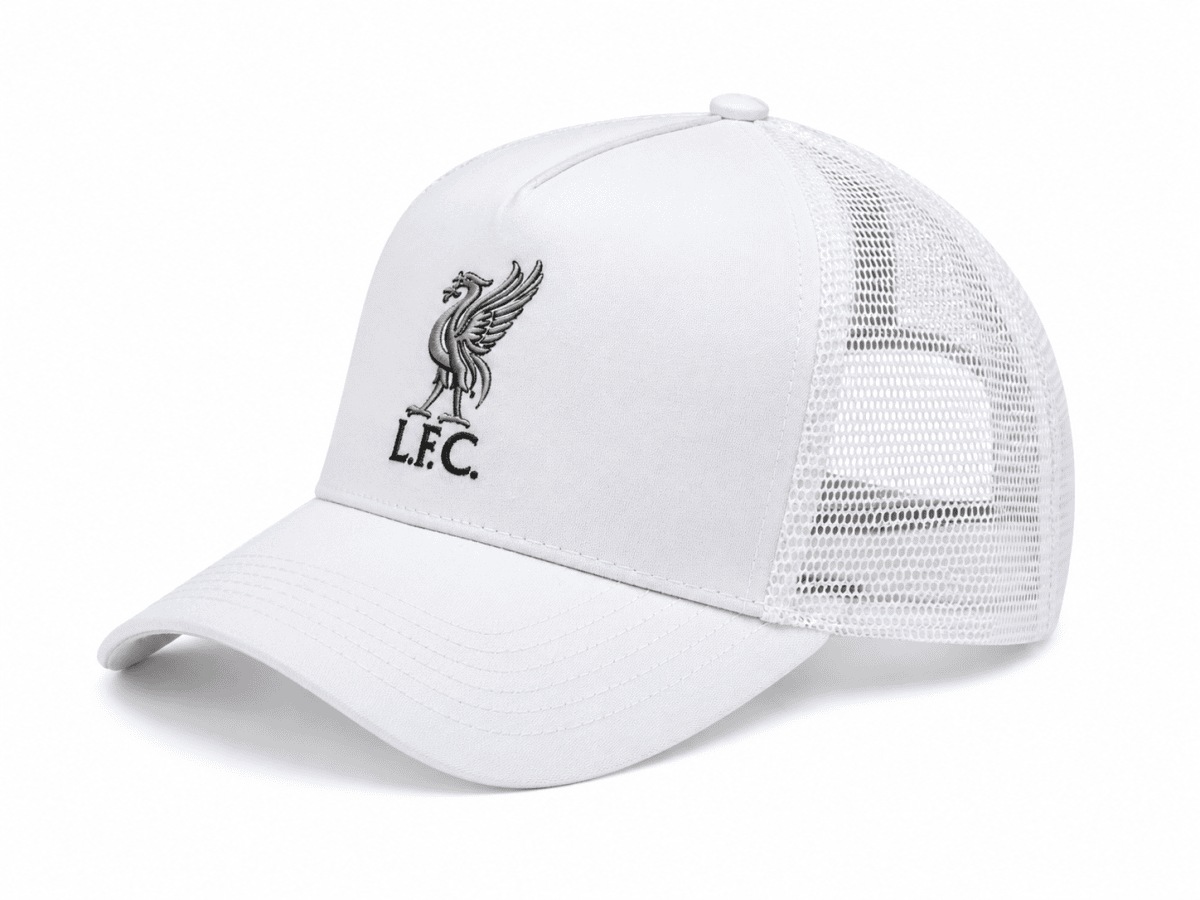 White baseball cap with a black embroidered L.F.C. crest on the front panel and a white mesh back.