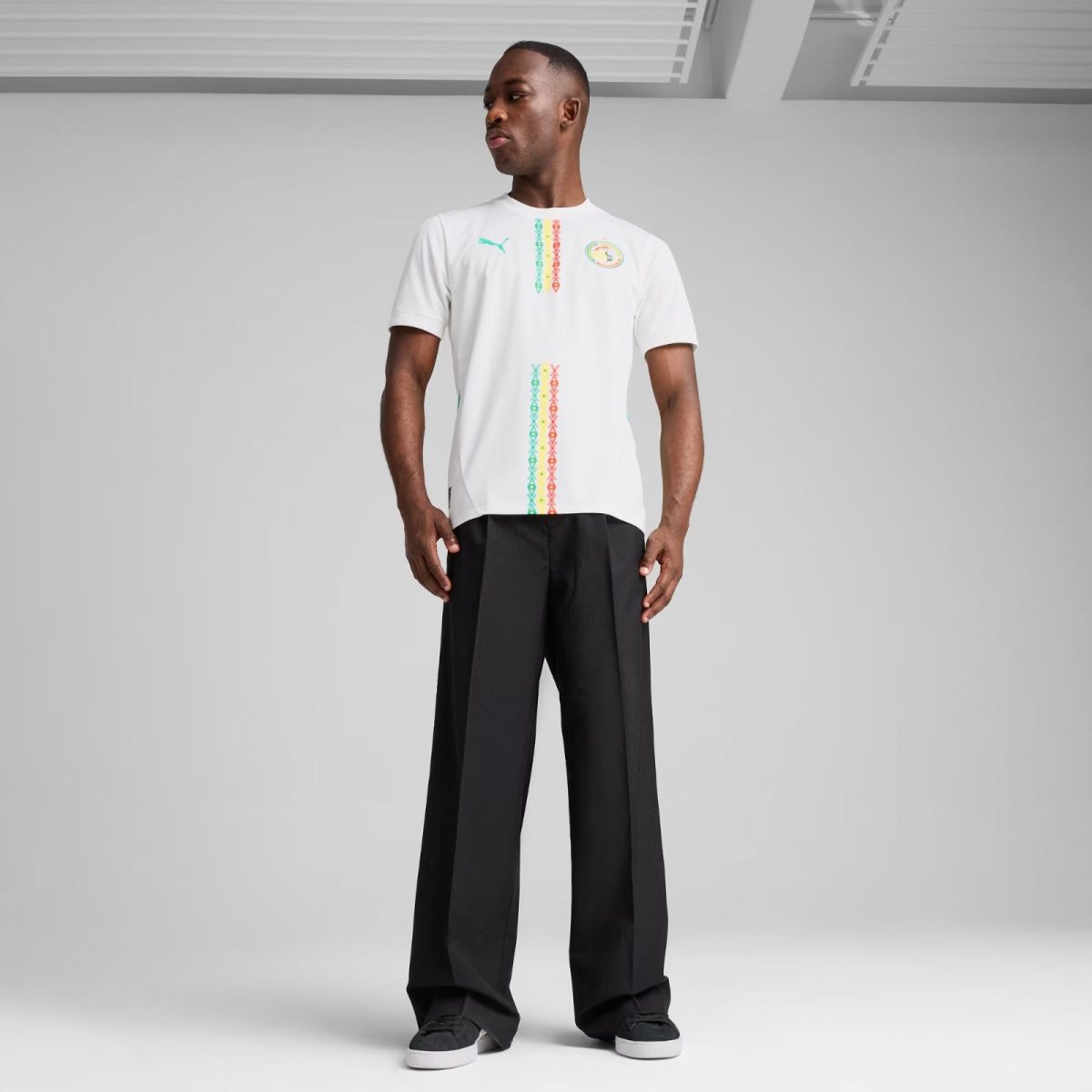 Male model wearing a white T-shirt with multicolor vertical patterns down the center and a circular emblem on the chest, paired with loose black trousers and sneakers in a studio setting