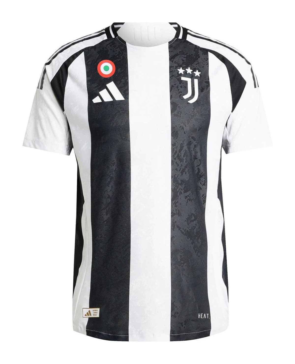 Juventus home soccer jersey with black-and-white vertical stripes, Adidas logo and club crest with four stars.