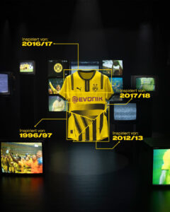 Borussia Dortmund yellow jersey on display in a dark exhibit with retro screens and yellow timelines highlighting 1996/97, 2012/13, 2016/17, and 2017/18.