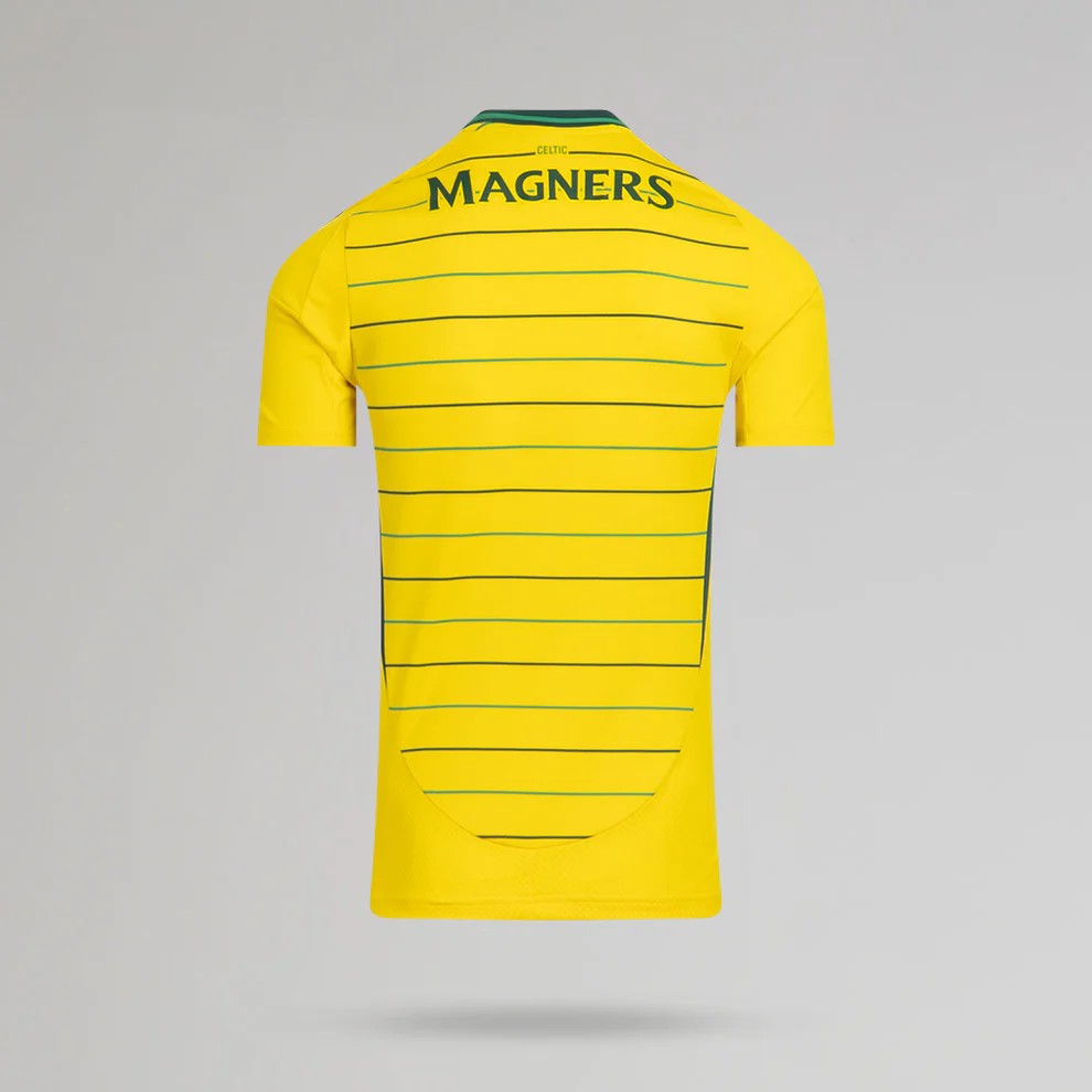 1LYAF3hgx7F7za2 | UAE SPORT STORE Back view of a bright yellow soccer jersey with thin green horizontal stripes and the sponsor 'MAGNERS' on the upper back (Celtic).