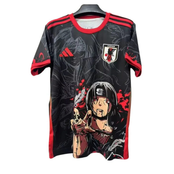 Japan national football team jersey with bold black and red graphic design featuring a fierce anime-style character on the front.