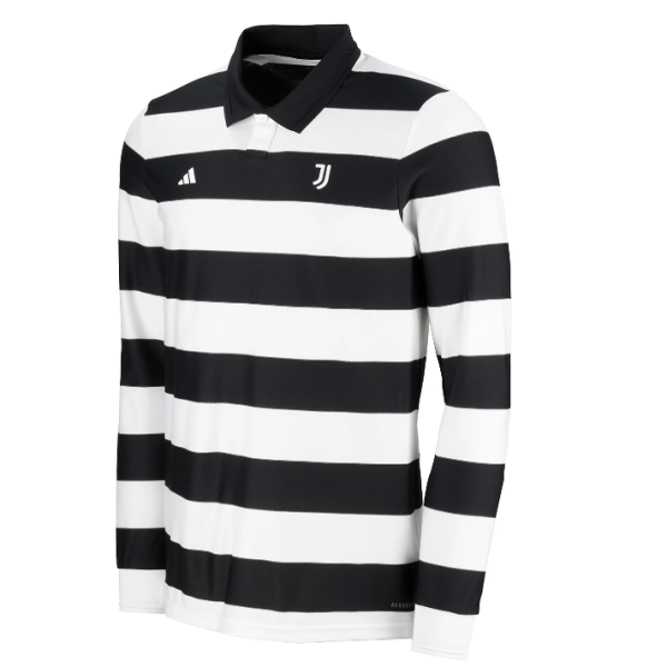Long-sleeve rugby shirt with black and white horizontal stripes, featuring Adidas logo and Juventus crest on the chest.