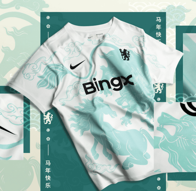 1_032fdc07-a009-4320-8e35-51604a884b7b | UAE SPORT STORE White T-shirt with teal dragon artwork and bold 'Bingx' logo, set against teal panels (product hero image).