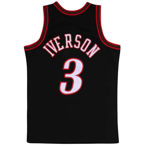 Black sleeveless basketball jersey with red trim; back reads IVERSON and features a large white 3 outlined in red distance.