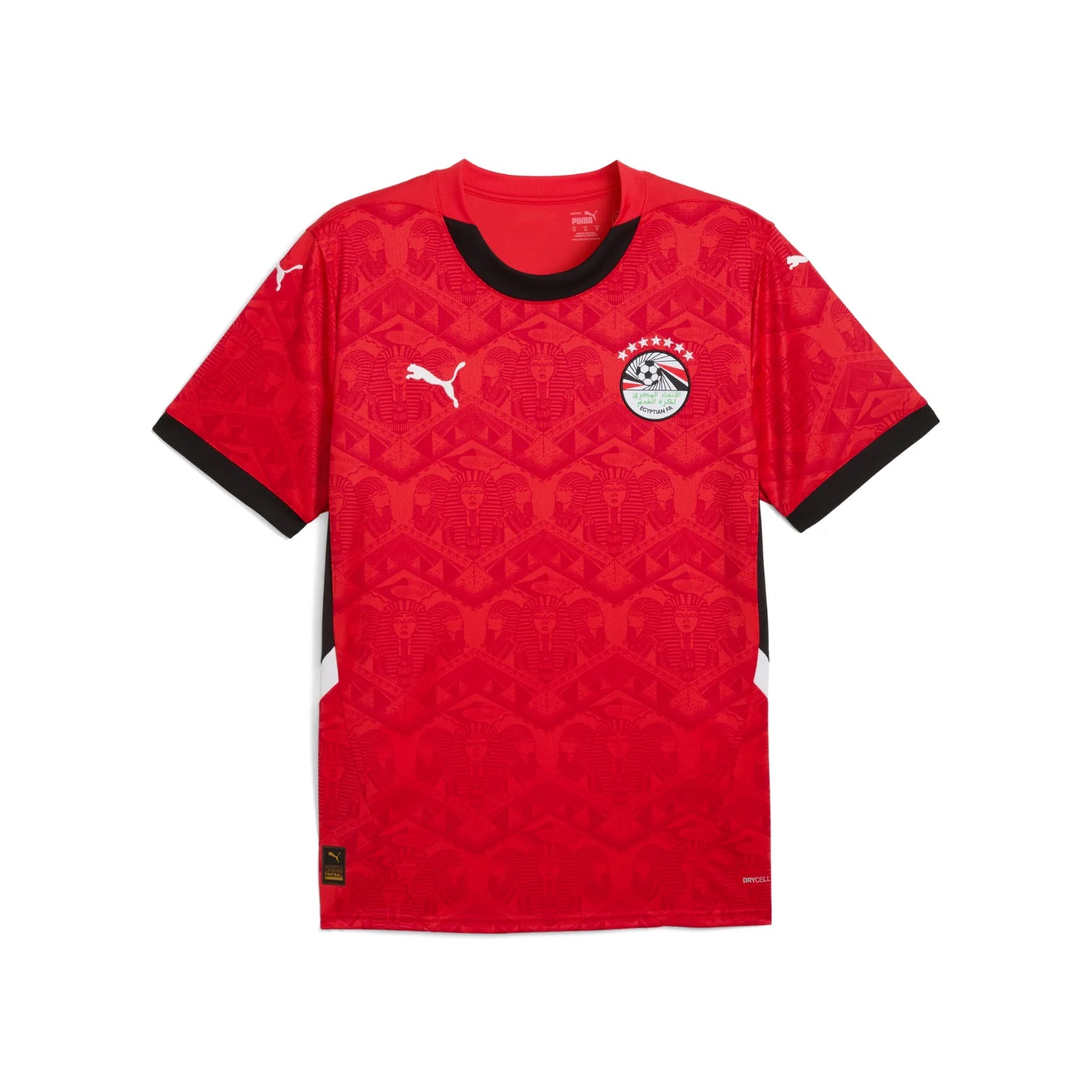 1_3fae5f4b-1796-4e77-b67b-ff8b35e04c4b Red Puma football jersey with black collar and all-over geometric pattern, featuring the Egypt Football Association crest on the chest and white Puma logos on the shoulders and sleeve