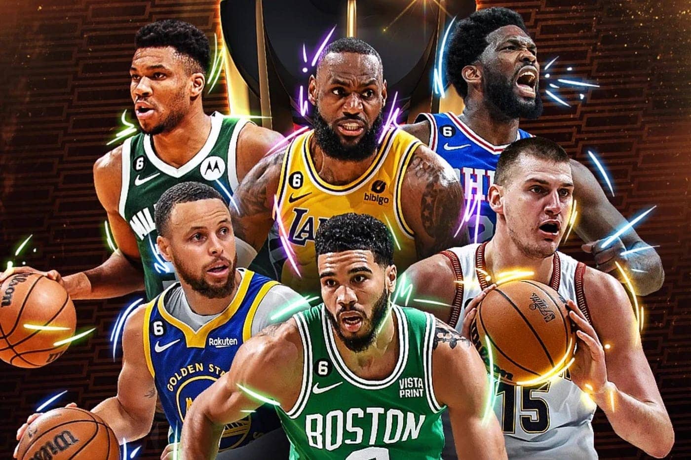 Collage of NBA players in colorful jerseys posed in action with neon light accents around them, conveying high-energy basketball.