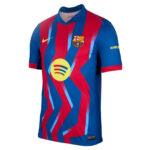 Barcelona football jersey in red and blue stripes with Spotify logo and club crest on the chest.