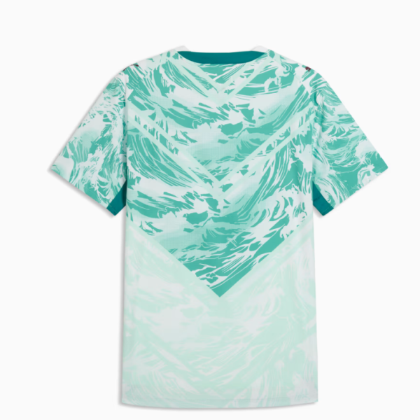 Short-sleeve t-shirt with turquoise/teal abstract wave pattern and a chevron design point at the center back of the torso.
