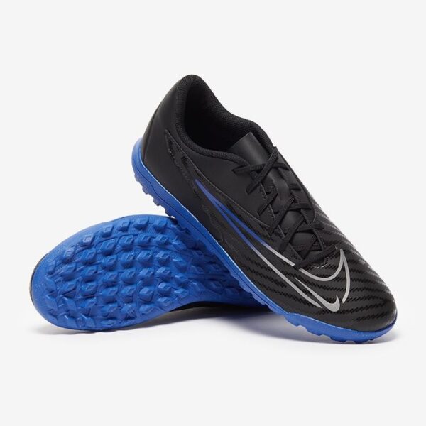 Black Nike soccer cleats with blue tread, side silver swoosh, angled to show the sole texture and upper pattern.