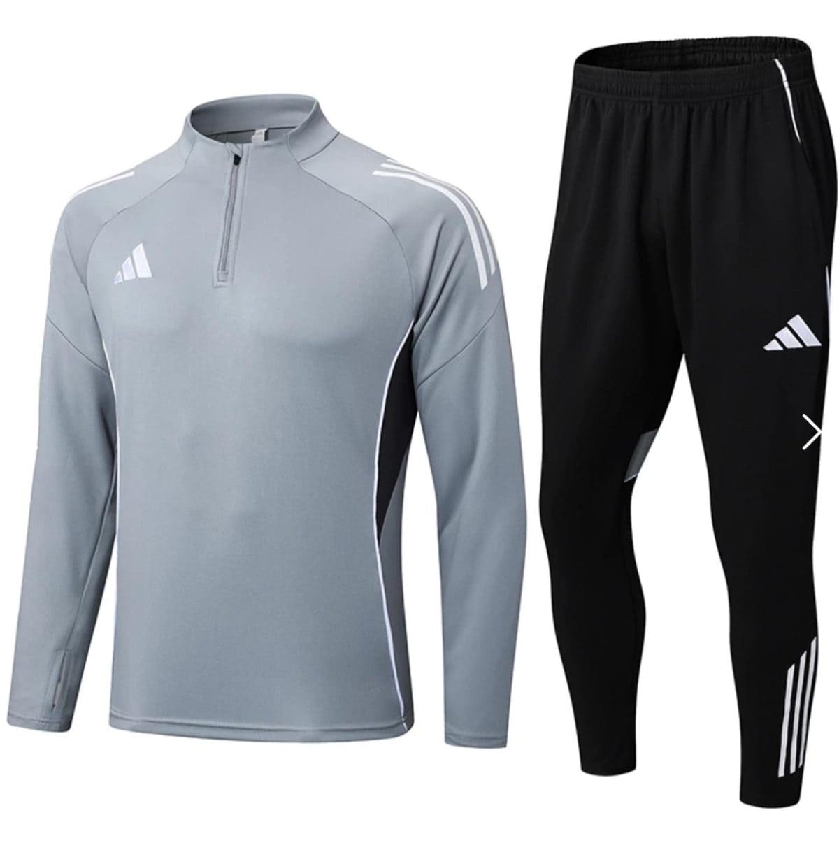 Light gray quarter-zip athletic top with white piping, paired with black jogger pants bearing white logos.