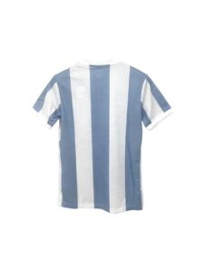 Back view of a blue and white vertical striped soccer jersey with short sleeves.