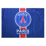 Blue Paris Saint-Germain flag featuring the circular club crest and a red vertical stripe down the center.