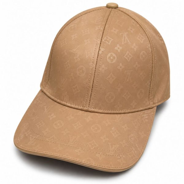Tan Louis Vuitton monogram baseball cap with curved brim and top button, six-panel design.