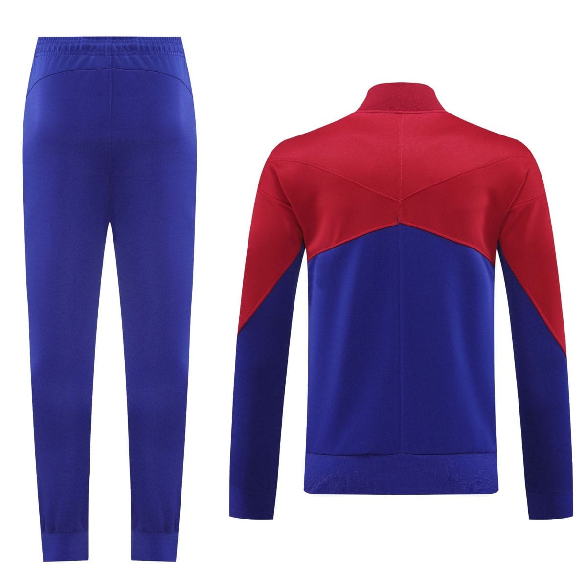 Back view of a color-block athletic outfit: royal blue leggings and a red-and-blue jacket photographed against a white background.