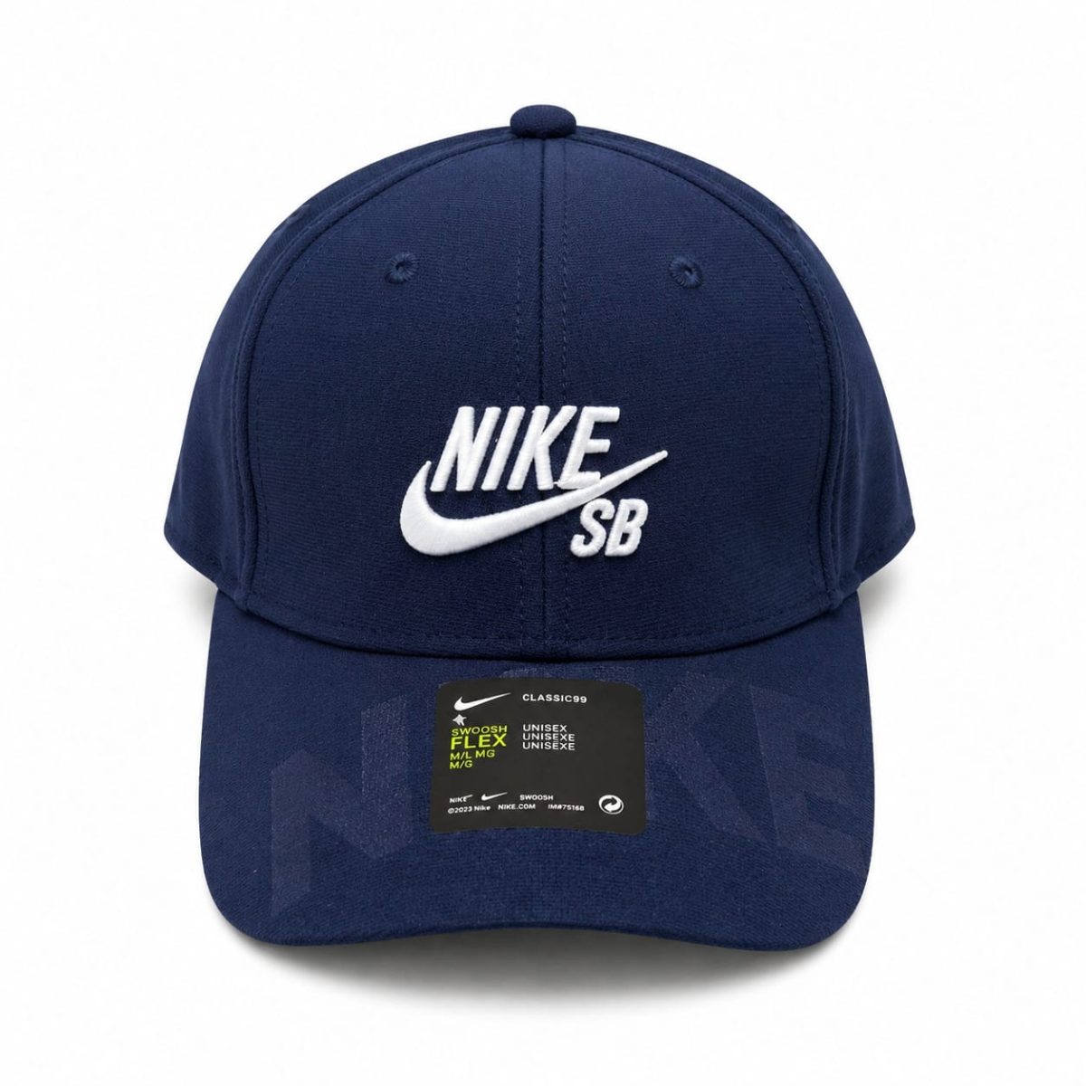 Front view of a navy blue Nike SB baseball cap with white embroidered Nike swoosh and branding on the front panel.