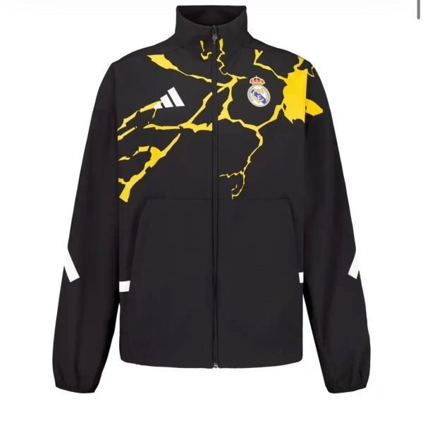 Black Real Madrid jacket with a yellow crack pattern, zipper front, and Real Madrid crest on the chest.