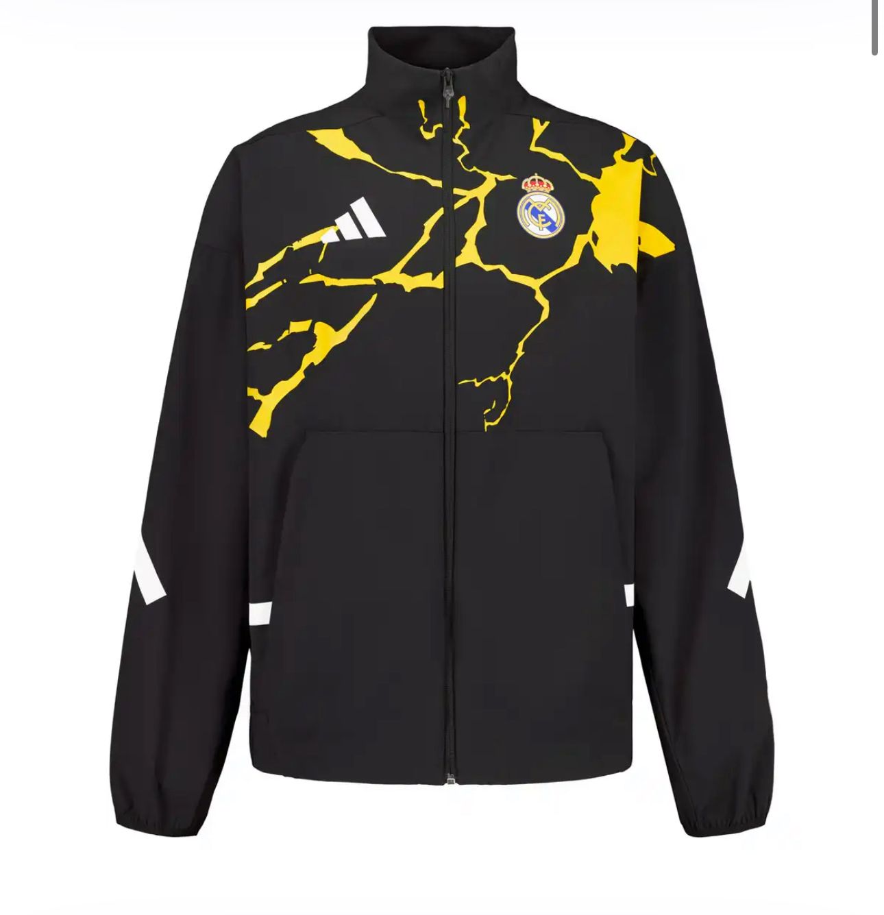 1c786378-7fc2-4b22-9637-0db4f328172d Black Real Madrid jacket with a yellow crack pattern, zipper front, and Real Madrid crest on the chest.