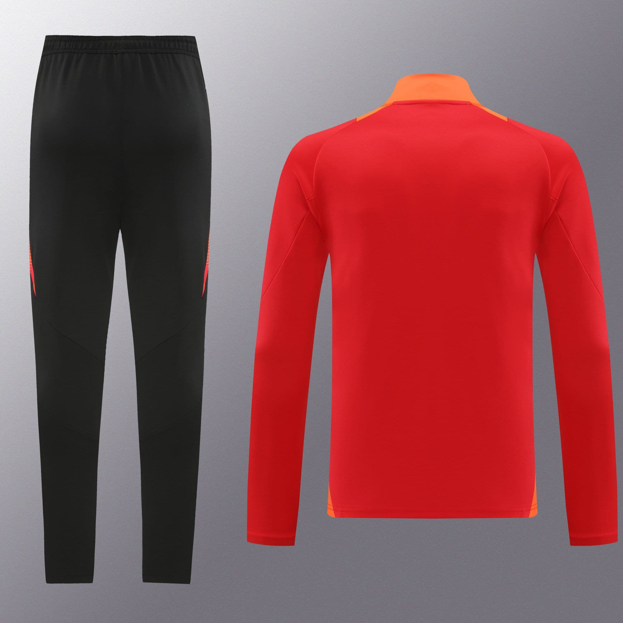 1cb138ab | UAE SPORT STORE Black athletic pants on the left paired with a bright red long-sleeve sports top featuring an orange collar on the right, shown against a gray backdrop.