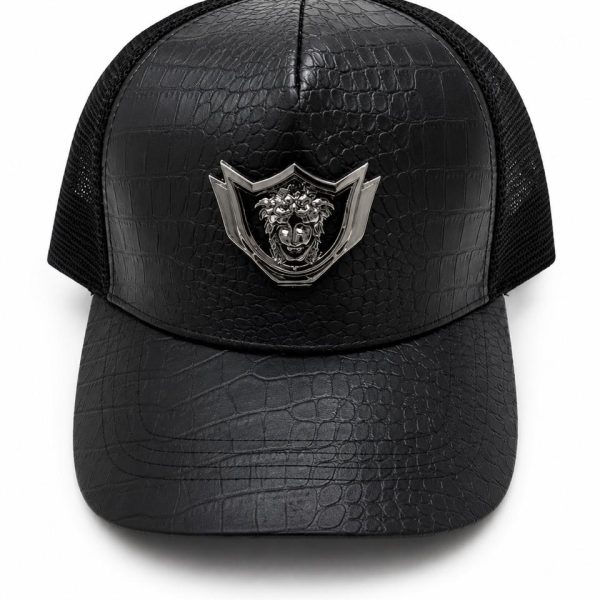Black crocodile-embossed baseball cap with a silver lion crest on the front panel and a mesh back.
