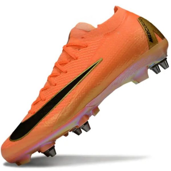 Orange Nike Mercurial soccer boot with a black swoosh and studded sole, shown at an angled side view